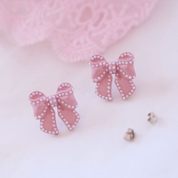 

stud sansummer fashion pink bowknot little pearl cute girl beautiful romantic statement charm earrings for women jewelry, Golden;silver