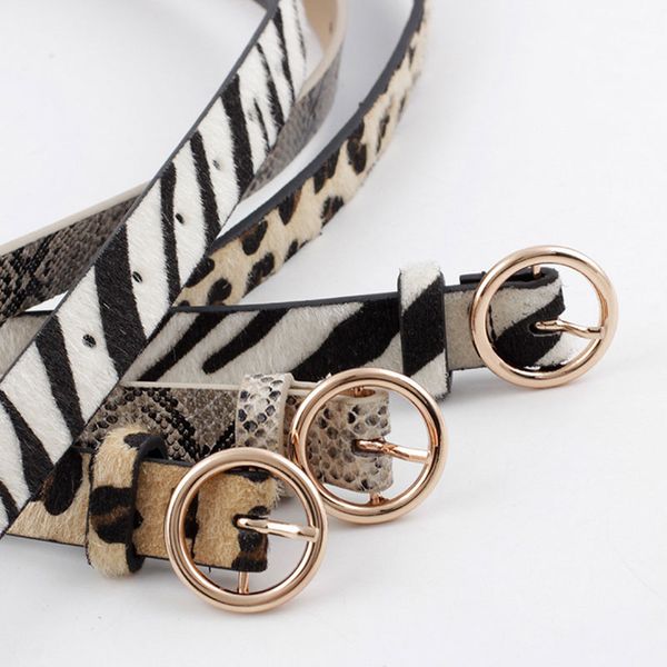 

2020 women stylish round buckle leopard snake zebra print slimming belt horsehair pu leather metal round buckle waistband belt, Black;brown