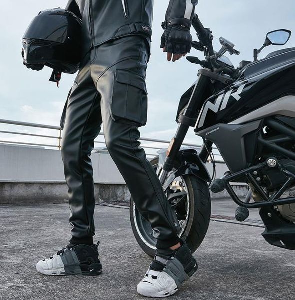 

men's cargo leather pants men thicked baggy long trousers mens casual chaparajos autumn winter male bottoms plus size, Black