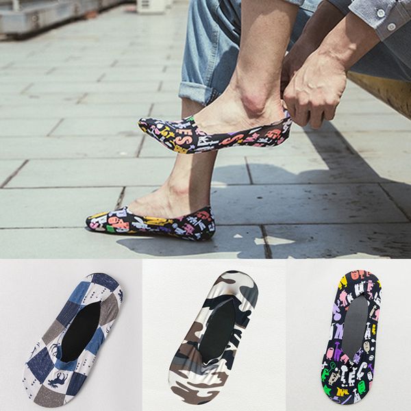 

men's socks men summer ice silk invisible breathable thin section low cut geometric letters print non-slip silicone, Black