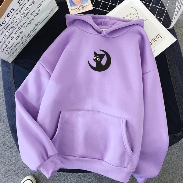 

moon cat print warm streetwear kawaii sweatshirt korean style women harajuku hoody girl cute hoodie japan punk fashion simple, Black