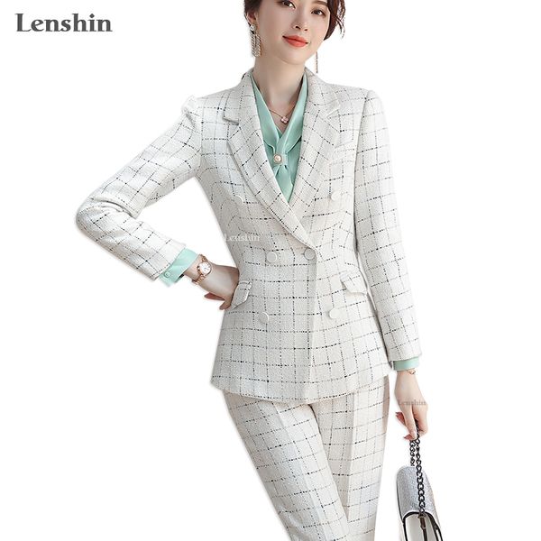 

lenshin 2 piece set rough formal pant suit plaid blazer office lady uniform designs women business jacket and pant, White