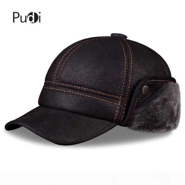 

pudi men's scrub genuine leather baseball caps hats faux fur winter warm ear flap hat cap black brown camel hl083 ly191228, Blue;gray