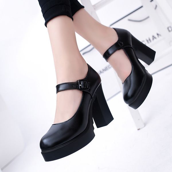 

2020 spring autumn women's professional work shoes thick with waterproof platform high heels shallow mouth polyurethane shoes, Black