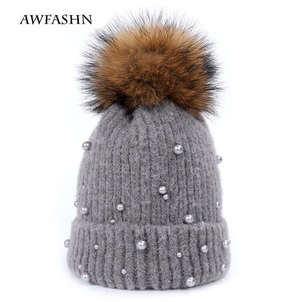 

women's hat with pompon pompom knitted hat winter hats for women solid color raccoon fur beanie warm cotton casual peas hats, Blue;gray