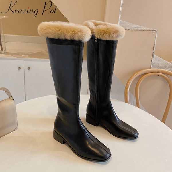 

soft cow leather square toe med heels zipper fur winter shoes riding thigh high boots party runway elegant knee high boots l18, Black