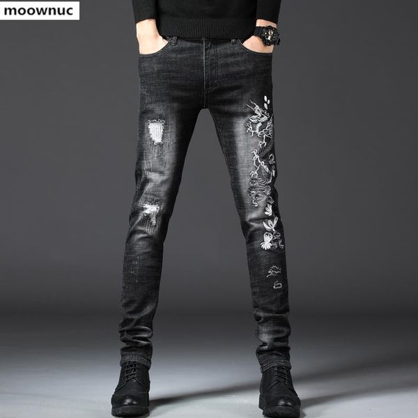 

men's jeans 2021 style mens denim men embroidery full length pants with slim fit pencil fashion classic black, Blue
