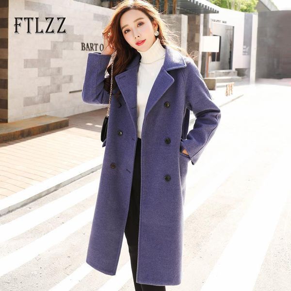 

women's wool & blends vintage single breasted korean coat 2021 autumn winter medium long ladies blue turn-down collar manteau femme, Black