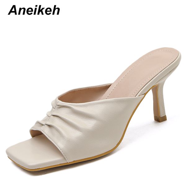 

aneikeh 2020 summer women sandal brand design slippers thin high heel slides fashion pleated casual outdoor slip on slipper mule, Black