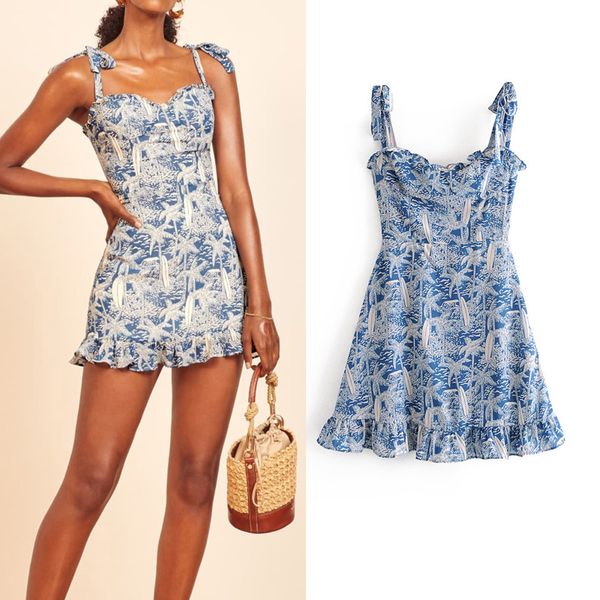

summer dress for women vintage print blue dress bow straps low-cut chest lady chic ruffle hem slim short party dresses gown, Black;gray