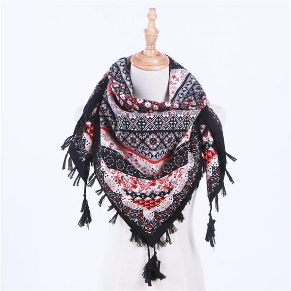 

110*110cm tassel women scarf twill cotton bohemian ethnic style scarf square wraps geometric print shawl elegant ladies hijab, Blue;gray