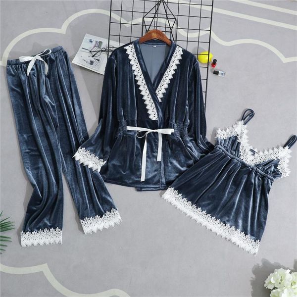 

women's sleepwear velour woman home wear pajamas 3 pcs strap pants suit sets nightgown kimono sleep robe bath gown, Black;red