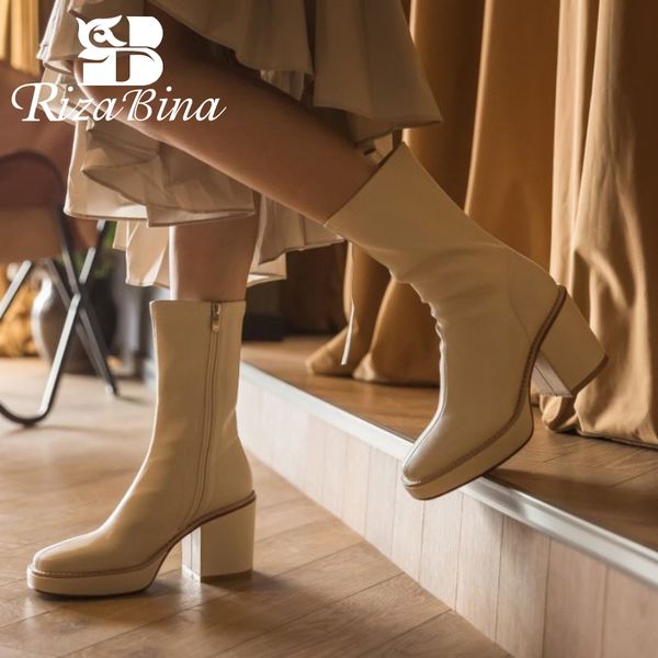 

rizabina size 33-43 women mid calf boots platform thick high heel zipper shoes winter boots warm women fashion party footwear, Black
