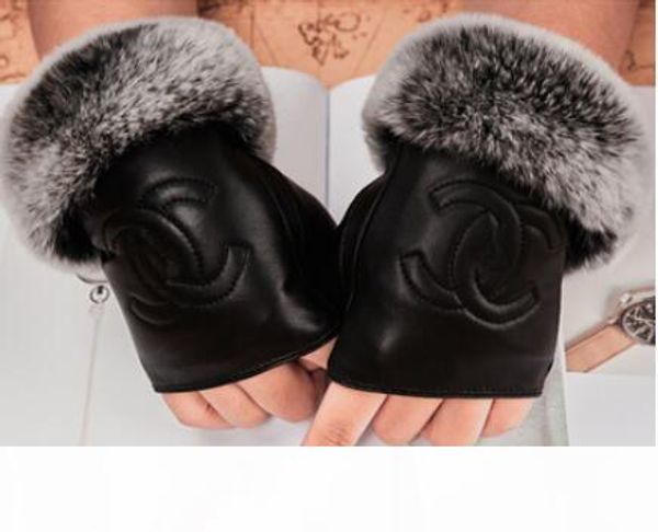 

fashion- fur genuine leather luxury original fashion brand gloves plush rabbit soft warm sheepskin half finger touch screen gloves, Blue;gray