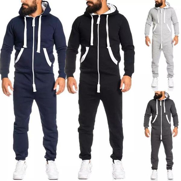 

jumpsuit patchwork sportswear casual hooded sportswear with pocket thick playsuit new mens clothing autumn winter mens zipper, Gray
