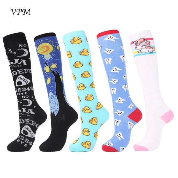 

vpm new cotton knee high women's socks colorful harajuku funny cute kawaii cartoon unicorn duck skull art paint star long sock, Black;white