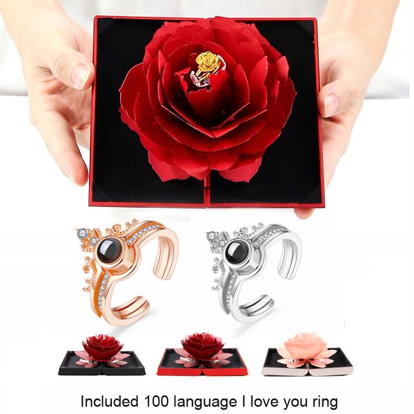 

surprised wedding marriage rotating rose love ring gift box lovely velvet engagement box for ring jewelry storage display holder mx200810, Black;white