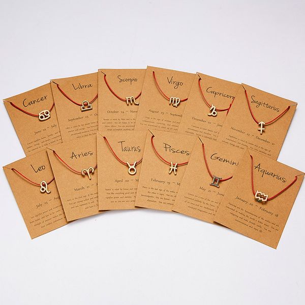

selling 12 zodiac necklaces with gift card constellation sign black red wax string necklace for men women fashion jewelry in bulk, Silver