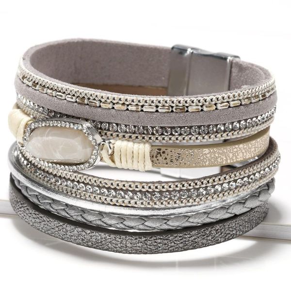 

natural stone leather bracelets for women trendy boho braided rope wide multilayer wrap bracelet female jewelry, Golden;silver