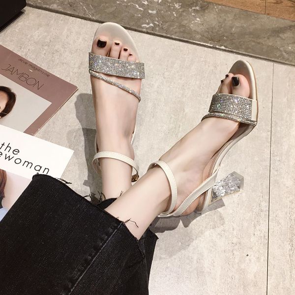 

sandals drop fashion crystal high heels women summer open toe ankle strap party shoes woman clear heel sandalias, Black