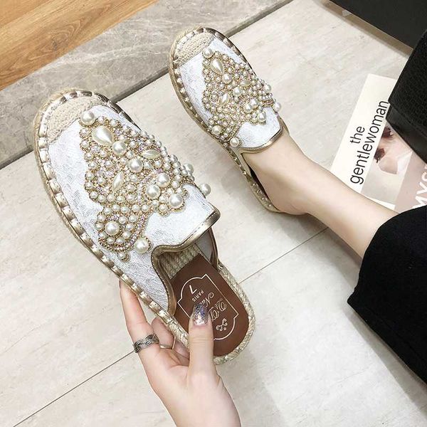 

shoes woman 2020 cover toe slippers flat glitter slides fashion slipers women jelly luxury new pu fisherman fabric crystal, Black