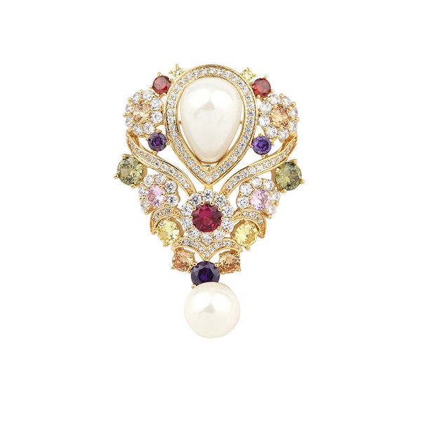 

retro multicolor zircons crystal teardrop brooches pins for women wedding bridal jewelry accessories elegant dangle brooch pin, Gray