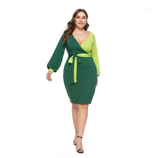 

sleeve dresses females ol contrast color casual clothes womens plus szie panelled dress spring deep v neck sashes lantern, Black;gray