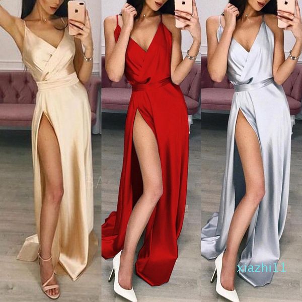 

fashion women split strappy sparkle slit formal wedding long dresses polyester evening silk sleeveless v neck party, Black;gray