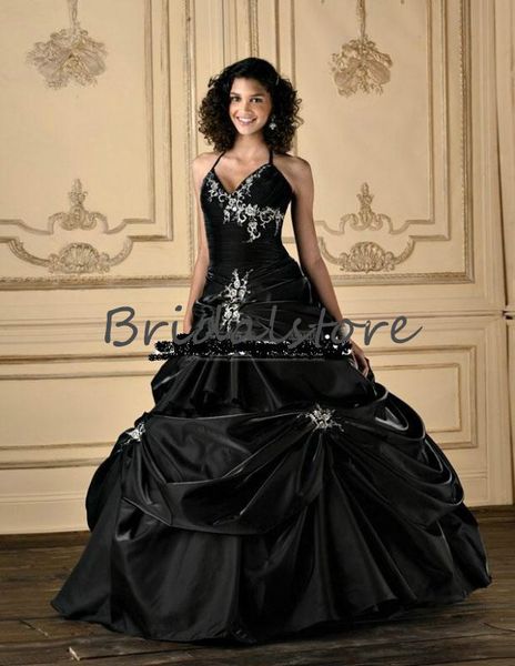 

fairy tales black gothic wedding dresses halter neck backless castle bridal gowns taffeta ruffles beaded corset country wedding dress, White