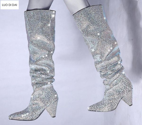 

2020 new lady point toe long boots diamond stud thigh high boots women rhinestone booties over knee high mujer botas spike heel, Black