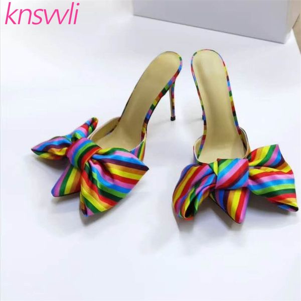 

high heels women slippers rainbow color satin mules ladies slides big bowknot point toe shoes woman summer stiletto sandals, Black
