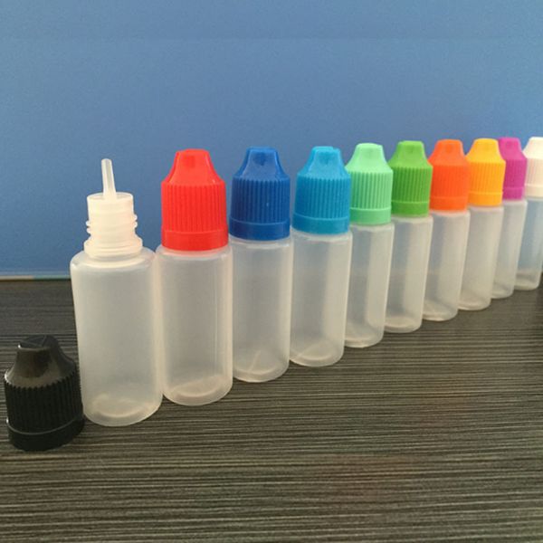 Flacone contagocce in plastica PE da 15 ml con tappo colorato a prova di bambino, punta lunga e sottile per contagocce per olio