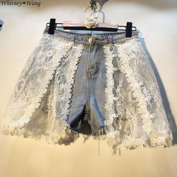 

whitney wang 2020 summer fashion streetwear colors contrast lace patchwork denim shorts women jeans pants, Blue