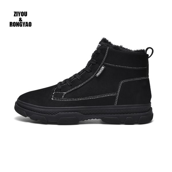 

boots men winter casual shoes solid color lace-up man snow 2021 plush inside antiskid bottom thick keep warm, Black