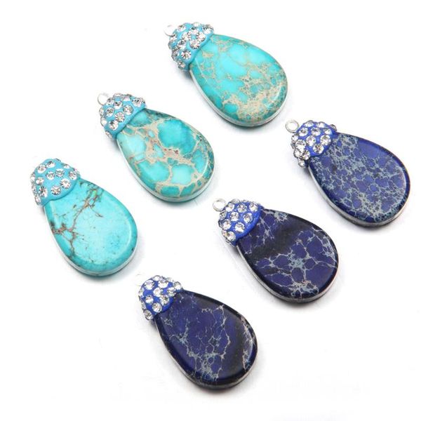 

drop-shaped blue emperor stones pendant necklace reiki healing natural stone amulet diy jewelry individual gift size 15x28mm, Bronze;silver