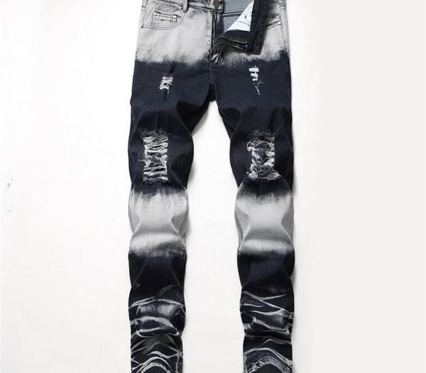 

new jeans men retro hole bleached distressed scratched bleached ripped denim trousers male cowboy vintage straight stretch jeans, Blue