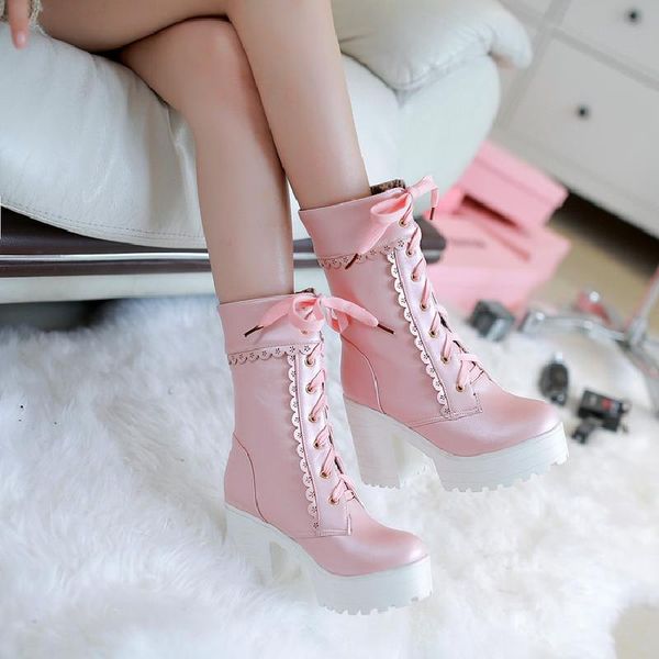 

us4-11 womens sweet lolita high chunky heel platform round toe shoes party date formal mid calf boots cosplay 3colors plus size, Black