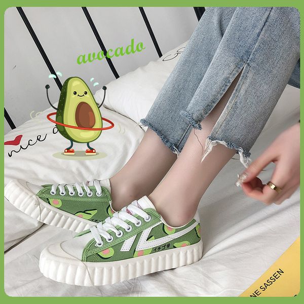 

women sneakers fashion breathable vulcanized shoes leather platform lace up casual white sneaker hand painted avocado comfortable canvas, Black