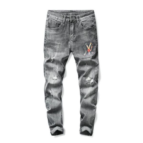 

european and american men's jeans fall new men's slim comfortable jeans, tight and tattered stretch slim fit jeans, are well-known, Blue