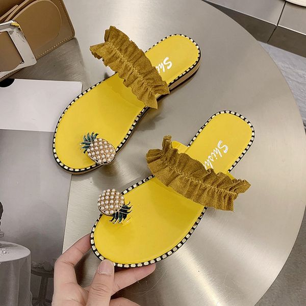

women slipper pineapple pearl flat toe bohemian casual beach sandals ladies shoes platform 2020 designer black slides wholesale