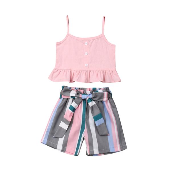 

baby girl clothing sets pink ruffled camis + striped shorts summer 1-6y kids children summer fashion casual outfits sets, White
