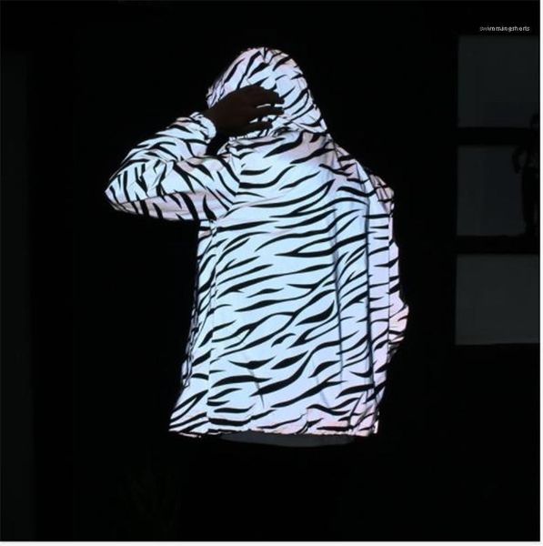 

striped street style loose long sleeved hooded zipper jackets fashion couple jackets 3m reflective mens designer jackets zebra, Black;brown