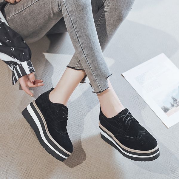 

lace up high platform brogues shoes woman suede leather derby shoes mixed color muffins flats round toe creepers sneaker women, Black