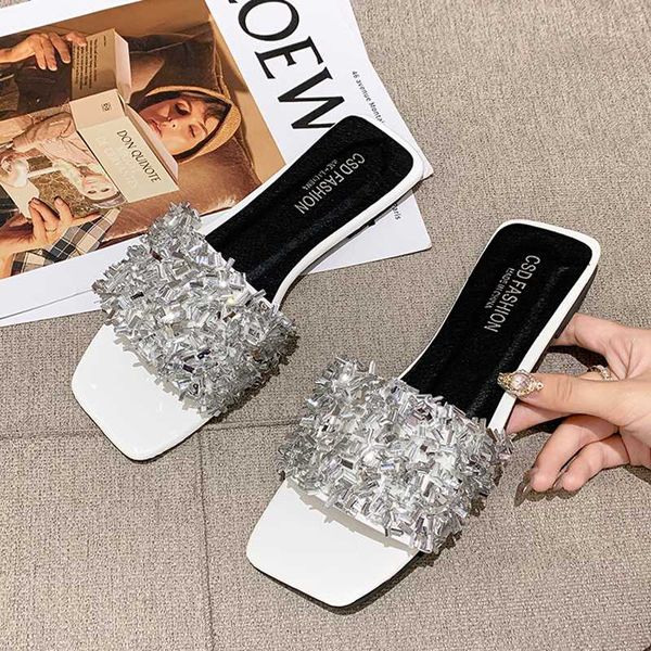 

dropshipping women silver crystal summer slippers flat heels square toe slides beach shoes woman casual comfortable sandals, Black