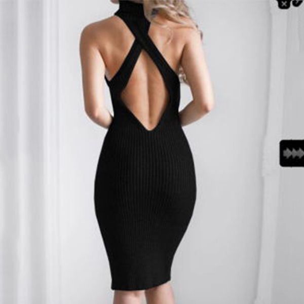 

umeko new women's halter sleeveless sweater dress autumn winter for female solid & club knitted pullover sweater mini dress, Black;white