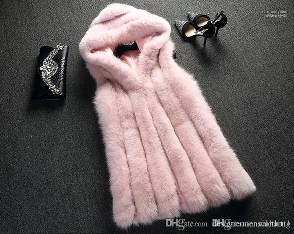 

женский outerwears дизайнер женщина искусственного меха пальто без рукавов с капюшоном длинные сплошной цвет дамы жилет повседневный сыпучие, Black