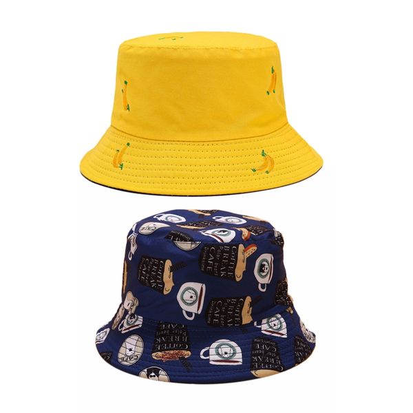 

2 pcs hat: 1 pcs double-sided banana fruit hat female fisherman hat(black + yellow) & 1 cartoon hat sunsn, Blue;gray