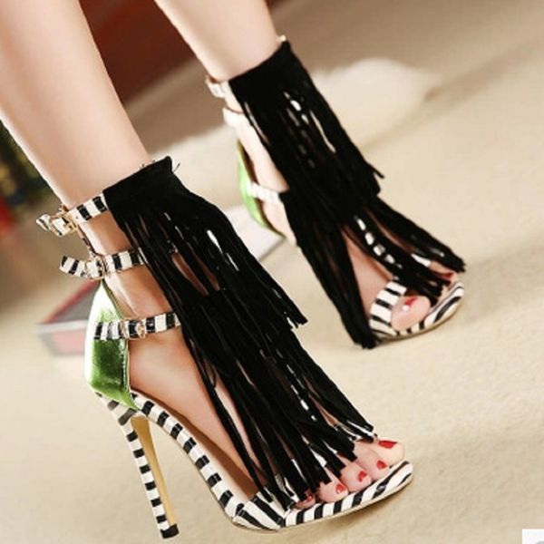 

explosion models super beautiful tassels open toe nightclub shoes fashion versatile stiletto color high heel sandals, Black