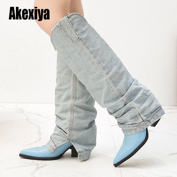 

fashion autumn winter women boots denim women pointed toe cowboy style high heels shoes knee high boots u779, Black