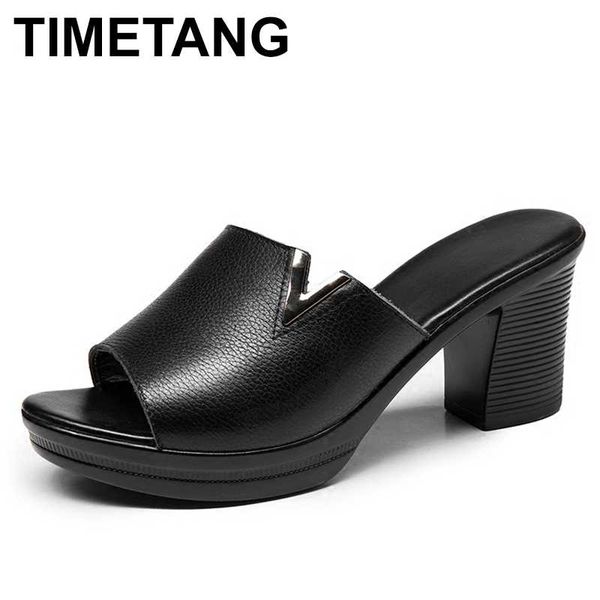 

slippers timetang 2021 summer women genuine leather thick sole thongs shoes black white slides sandals
